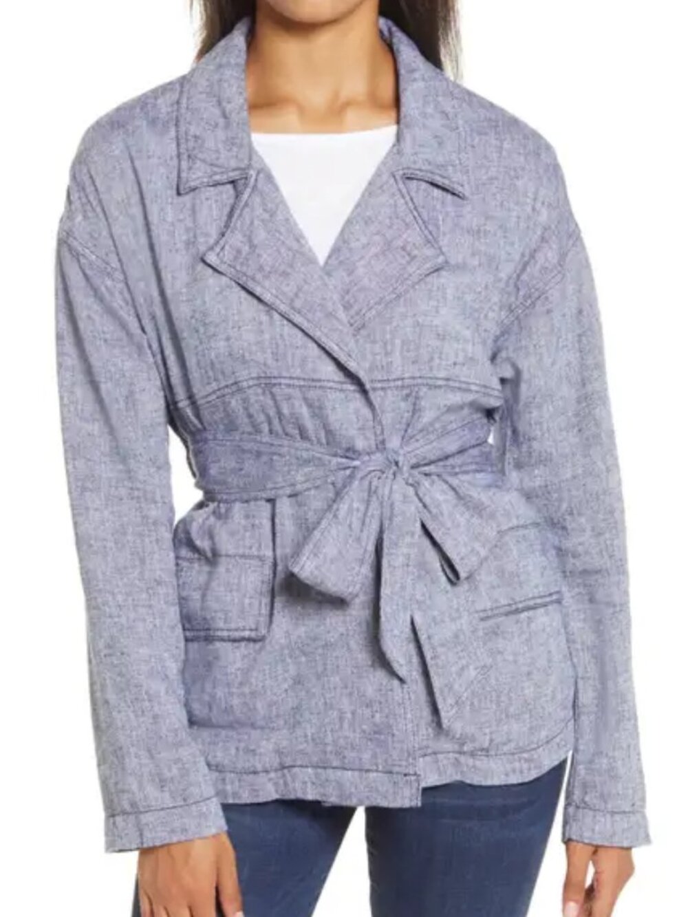 Nordstrom's CASLON Belted Linen Blend Jacket, Women's Medium in Navy Crossdye